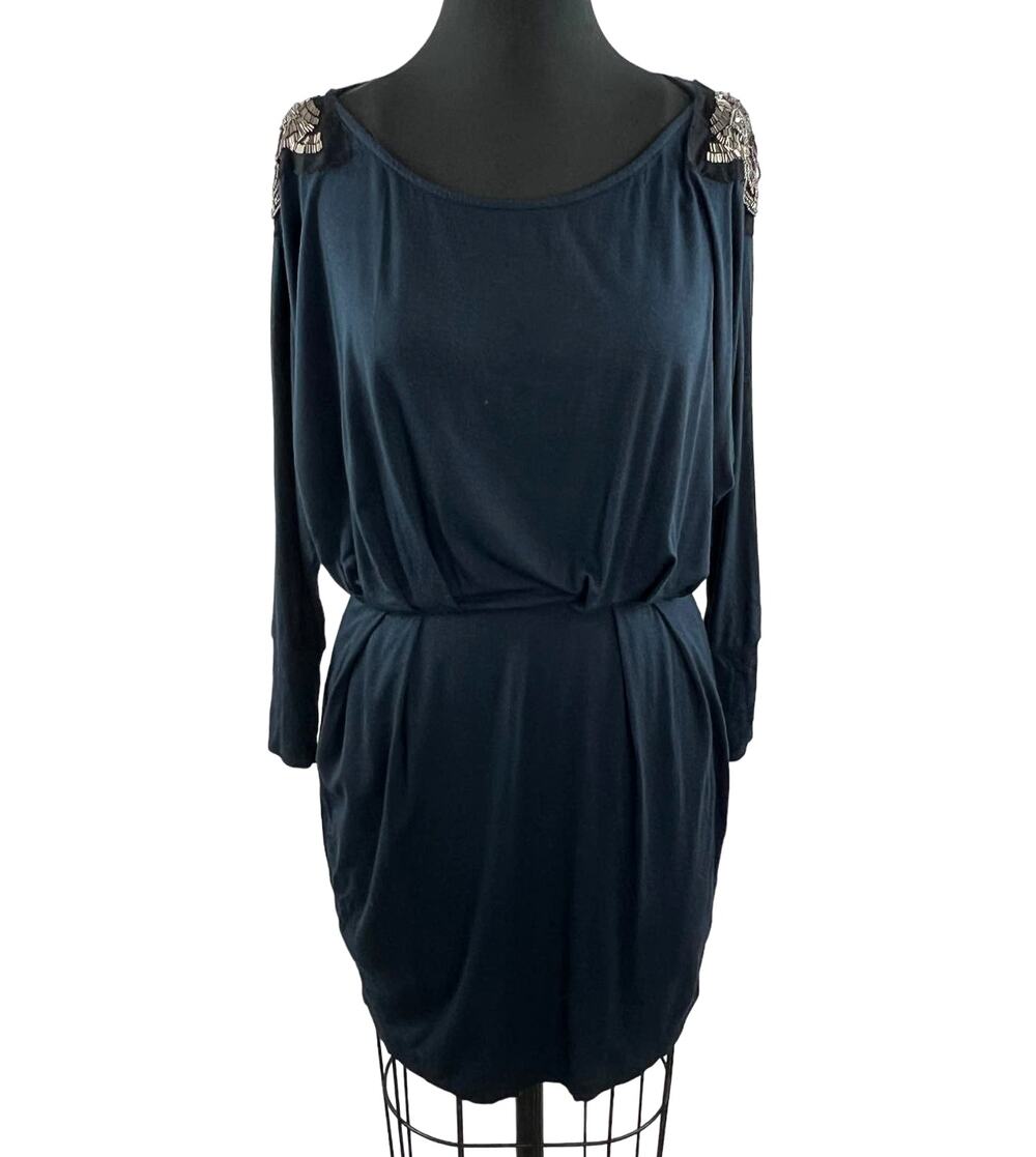 LUSH Womens Navy Blue Beaded Shoulder Long Sleeve Blouson Mini Dress Size M
